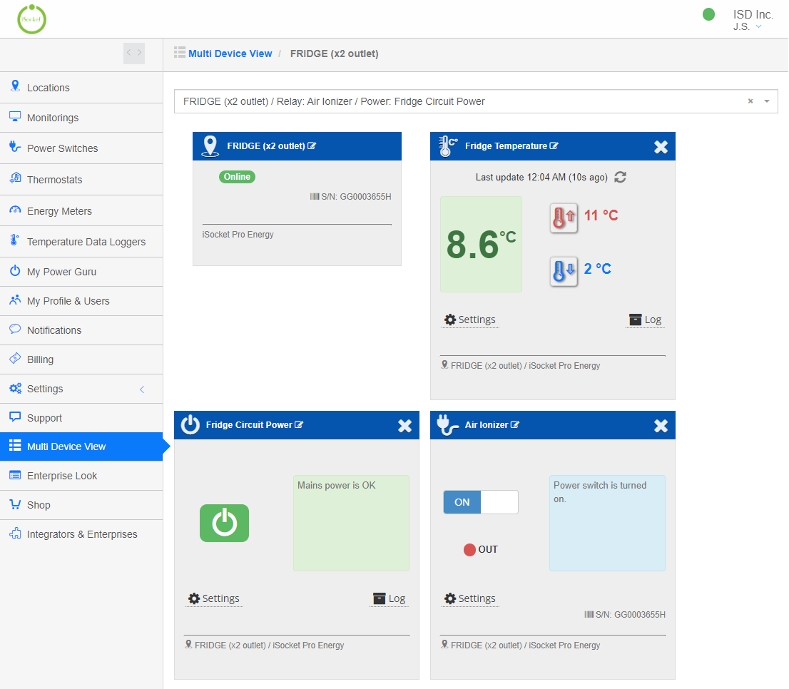 Multi Device View (MDV) section of iSocket IoT Portal - individual device (location)